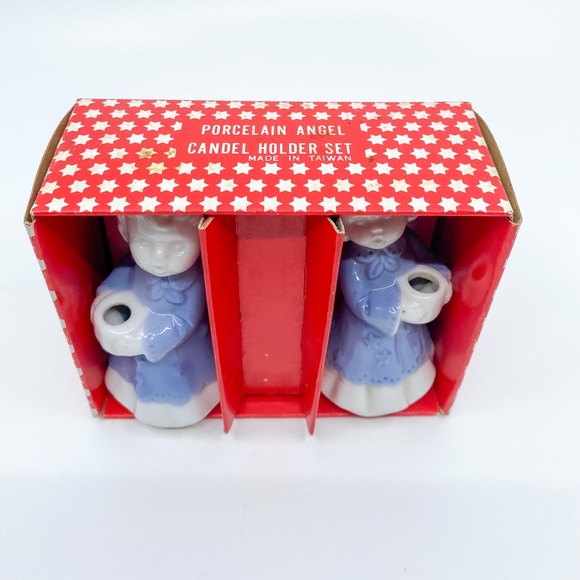 Vintage Blue & White Porcelain Angel Candle Holder Set w/ Original Box Taiwan - Picture 4 of 14